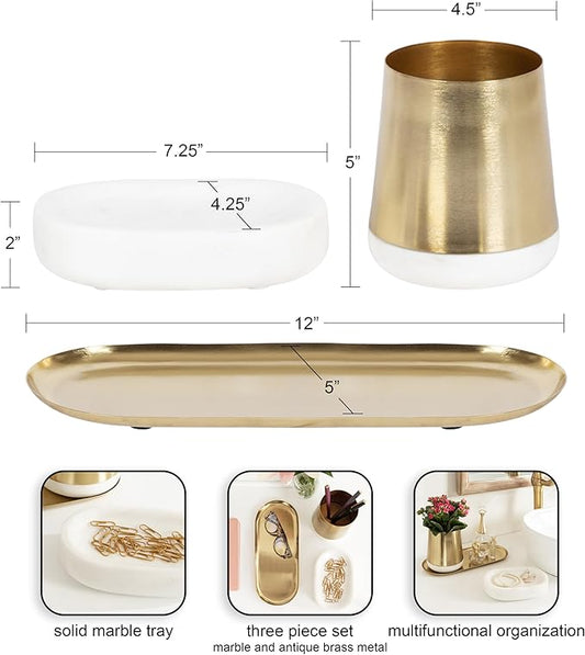 Kate and Laurel Koni Modern Glam Three-Piece Tabletop Organization Set, 12 x 6 x 5, White Marble and Gold, Marble and Metal Organizational Set for Office or Entryway Decor