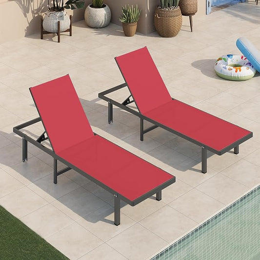 Pool Lounge Chairs Set of 2，Outdoor Lounge Chairs with Wheels and 5-Position Recliner -Easy to Move- Aluminum Patio Lounge Chair for Poolside, Deck (Red)