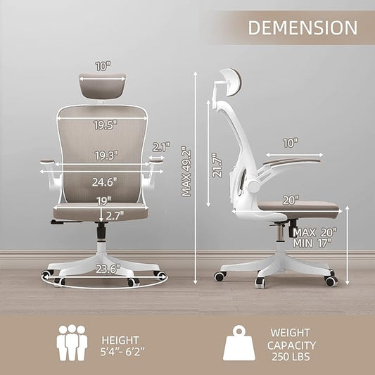 Monhey Office Chair Ergonomic Desk Chair with Lumbar Support&Headrest&Flip-up Arms Height Adjustable Rocking Swivel High Back Computer Chair Warm Taupe Mesh Study Chair (02White+Khaki)