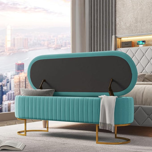 EcoHarbor Living 50.5" Storage Bench Hallway Ottoman,Upholstered End of Bed Bench Velvet with Gold Legs,Flipping Lid Entryway Footrest