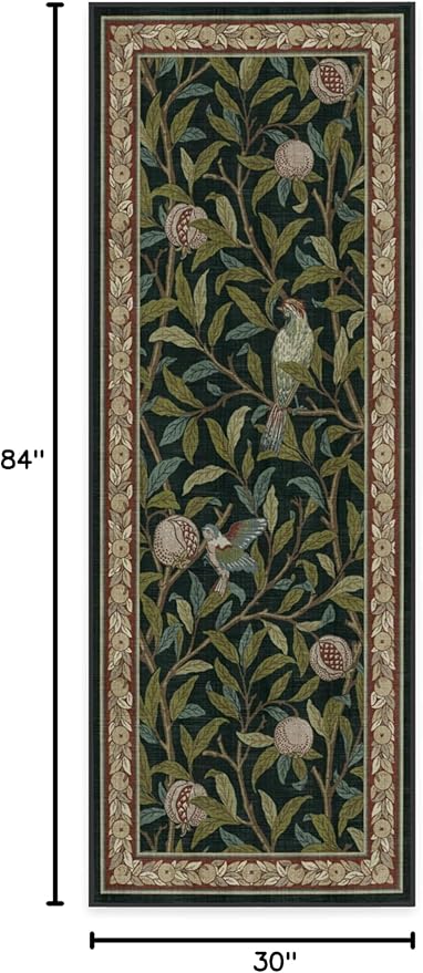 RUGGABLE x Morris & Co Machine Washable Runner Rug – Pomegranate Blue Green 2.5x7, Stain-Resistant, Non-Slip – Washable Rug for Hallway, Entryway, Living Room & Kitchen–with Cushioned Pad