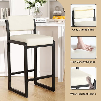 Bar Stools Set of 3, Fabric Counter Height Bar Stools with High Back and Metal Legs, Upholstered Bar Chairs, 26" Modern Barstools for Kitchen Island, Beige