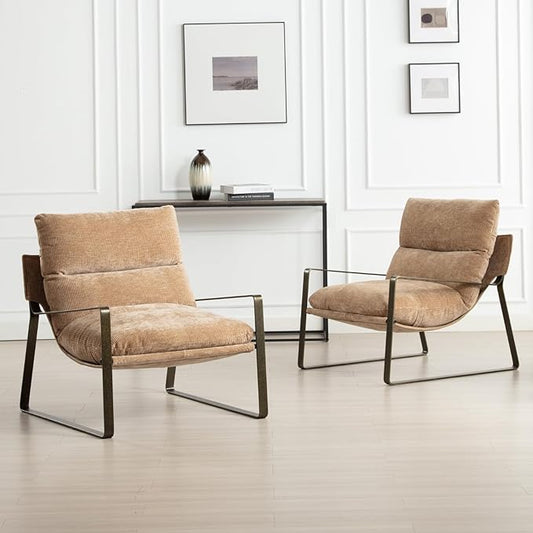 HEAH-YO Modern Accent Chairs Set of 2, Upholstered Chenille Living Room Chairs with Bronze Metal Legs, Comfy Arm Side Chairs for Bedroom, Khaki