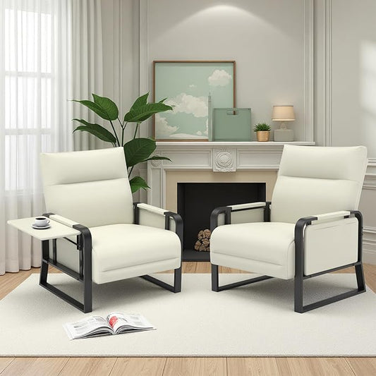 Faux Leather Accent Chairs Set of 2 with Flip Up Tray Tables Soft Backrest for Living Room Office Bedroom Modern Accent Chairs, Beige