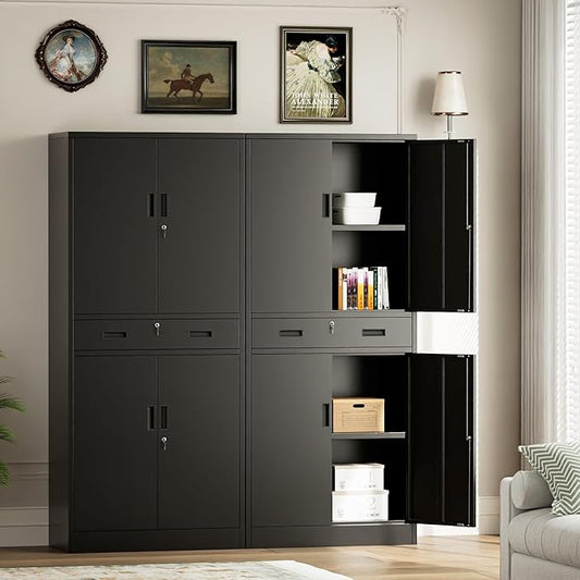 Metal Storage Cabinets with 1Drawer, 71" Storage Cabinet with 4 Locking Doors and 2 Adjustable Shelves, Steel Storage File Cabinet for Pantry Home, Kitchen, Office, Garage (Black)