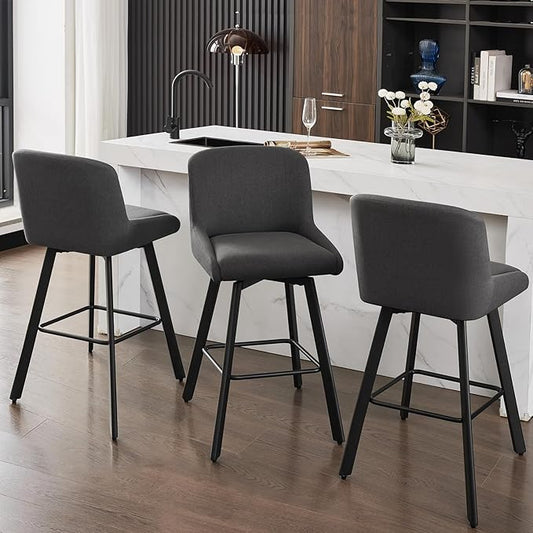 Swivel Counter Height Bar Stools Set of 3, 30''H Upholstered Barstools with Backs, Modern Bar Stool Chairs for Kitchen Island, Metal Legs, Fabric, Black Grey Stools Counter Chair