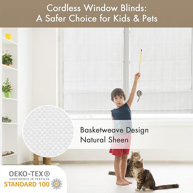 Madison Park Galen Cordless Roman Shade, 33"W x 64"H, Sheen White – Room Darkening, Thermal Insulated, Energy Efficient Window Blind with Subtle Sheen Basketweave Fabric for Privacy