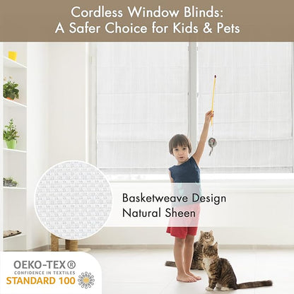 Madison Park Galen Cordless Roman Shade, 27"W x 64"H, Sheen White – Room Darkening, Thermal Insulated, Energy Efficient Window Blind with Subtle Sheen Basketweave Fabric for Privacy