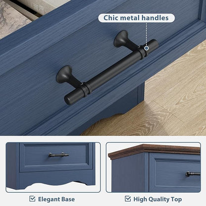 Blue Nightstand with Charging Station, 19.7" Farmhouse End Table with 3 Drawers Storage, Bedside Table with Brushed Metal Handles, Unique Base Design, 3 Drawer Dresser for Bedroom, Living Room