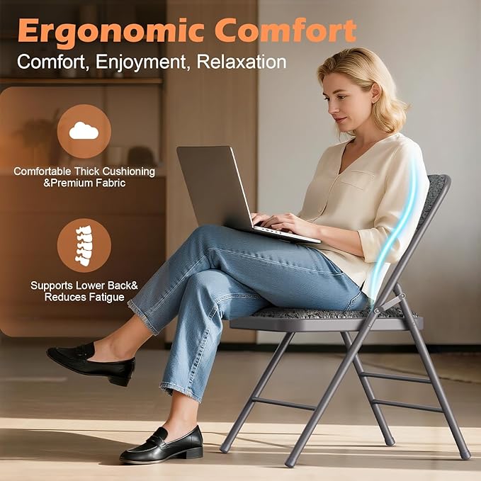 Commercial Grade Folding Chair with Padded Fabric Cushion（16"X16" |Double-hinged Legs Luxury Style|4.5kg Capacity Max Weight 150Kg for Home and Office,Indoor and Outdoor Events (4, Fabric-Grey)