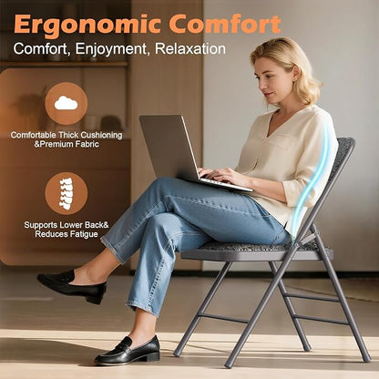 Commercial Grade Folding Chair with Padded Fabric Cushion（16"X16" |Double-hinged Legs Luxury Style|4.5kg Capacity Max Weight 150Kg for Home and Office,Indoor and Outdoor Events (4, Fabric-Grey)