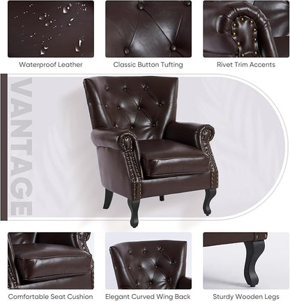 MOJAY PU Leather Accent Chair Set of 2, Modern Armchair Living Room Chair, Upholstered Club Chair with Rivet Trim, Mid-Century Sofa Chair with Sturdy Wood Legs for Bedroom (Caramel)