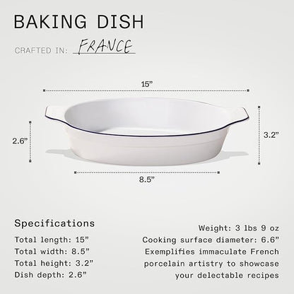 Made In Cookware - Oval Baking Dish - Navy Rim - Hand Crafted Porcelain - Professional Bakeware - Made in France
