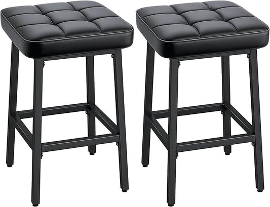VECELO Modern Counter Height Bar Stools Set of 2, 24" PU Leather Upholstered Counter Stools with Metal Frame, Backless Square BarStools Bar Chairs for Kitchen Island, Black