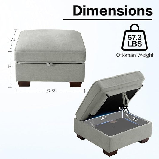 TEKAMON 27.5" Storage Ottoman, Square Footrest with Sponge Padded Seat, Chenille Fabric Step Stool for Sofa, Bedroom, Living Room, Entryway, Modern Change Shoes Stool, Wood Legs, (Light Grey)