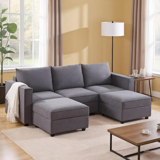90 Inches Cloud Modular Sectional Sofa, U Shaped Linen Couch with Reversible Chaise, 3 Seater Convertible Comfortable Sofa Couch for Living Room/Apartment, Grey