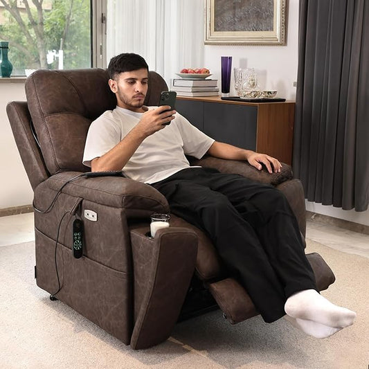 EONIX Triple Motor Lay Flat Power Lift Recliner Chair for Elderly, 400lbs Large Electirc Lift Chair for Living Room, Independent Adjustable Lumbar, Extended Footrest, Hidden Cup Holders, Dark Brown