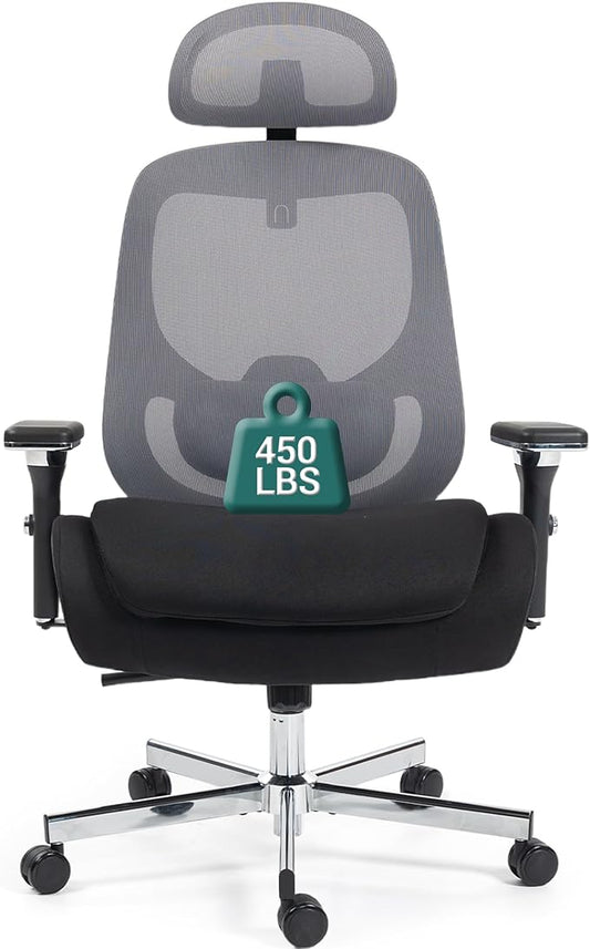 450 LBS Big and Tall Office Chair, Heavy Duty Executive Chair w/4D Arms, Ergonomic Computer Home Desk Chair, Swivel Mesh Chair w/2D Lumbar Support, Adjustable Headrest, Tilt Lock-Black and Grey