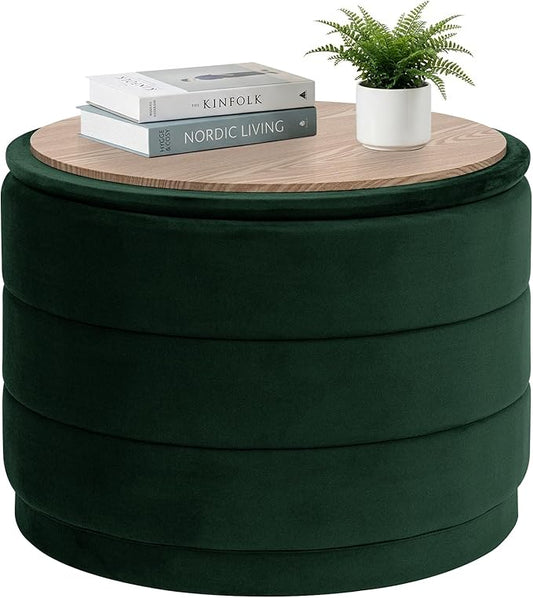 PINPLUS Large Round Velvet Storage Ottoman, Bottle Green Upholstered Footstool with Hidden Storage, Sturdy Coffee Table Ottoman for Living Room & Bedroom