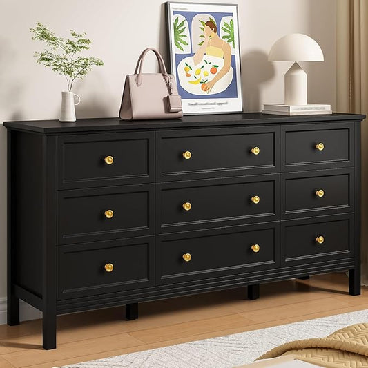 LYNSOM Black Dresser for Bedroom with 9 Drawers, Modern Wide Chest of Storage Drawer with Gold Handles, TV Stand Dresser, Wood Dressers for Bedroom, Living Room, Hallway, Entryway, 59’’