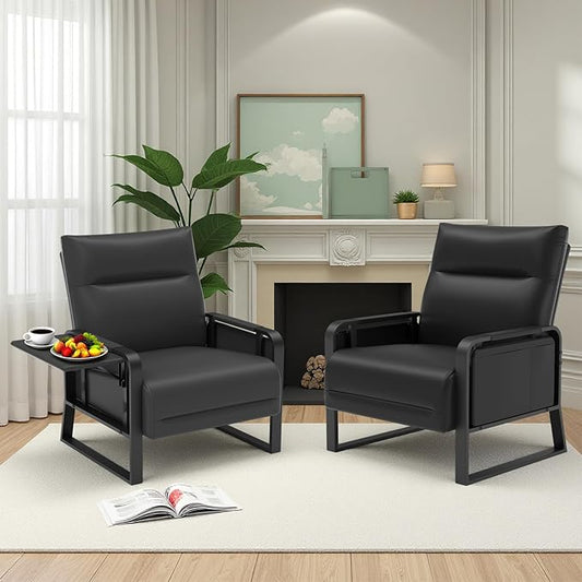 Faux Leather Accent Chairs Set of 2 with Flip Up Tray Tables Soft Backrest for Living Room Office Bedroom Modern Accent Chairs, Black