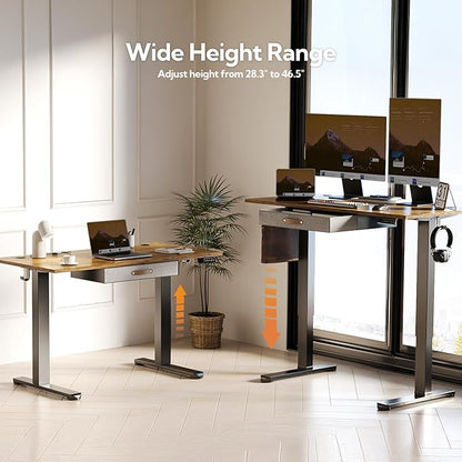 Seang Standing Desk with Drawer, 48" x 24" Height Adjustable Stand Up Desk, 3 Memory Height Settings with Cable Grommets & Storage Hooks, Ideal for Home & Office, Rustic Brown