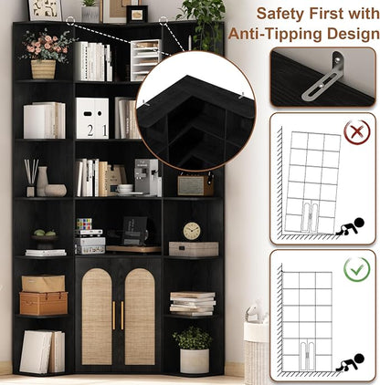 74" Tall Corner Bookshelf with 2 Arched Rattan Doors, 6-Tire L Shaped Bookcase with 16 Open Storage Shelves, Boho Large Corner Shelf with Cabinet for Living Room, Home Office