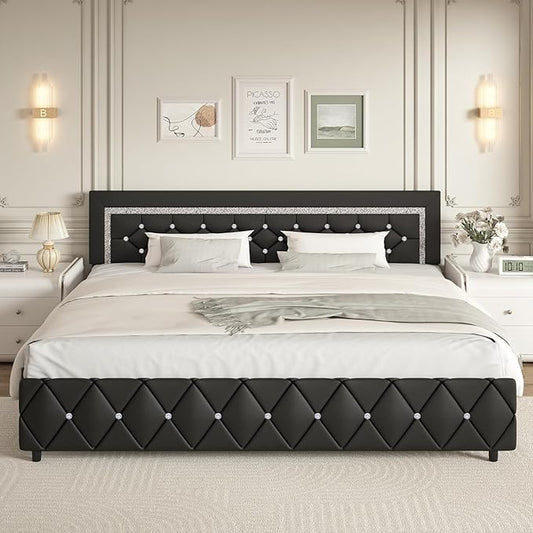 BarnFurin King Size Bed Frame and Headboard, Faux Leather Upholstered Bed with Diamond Tufted Design, Modern Platform Bed Frame with Wooden Slats Support, No Box Spring Required, Easy Assembly, Black