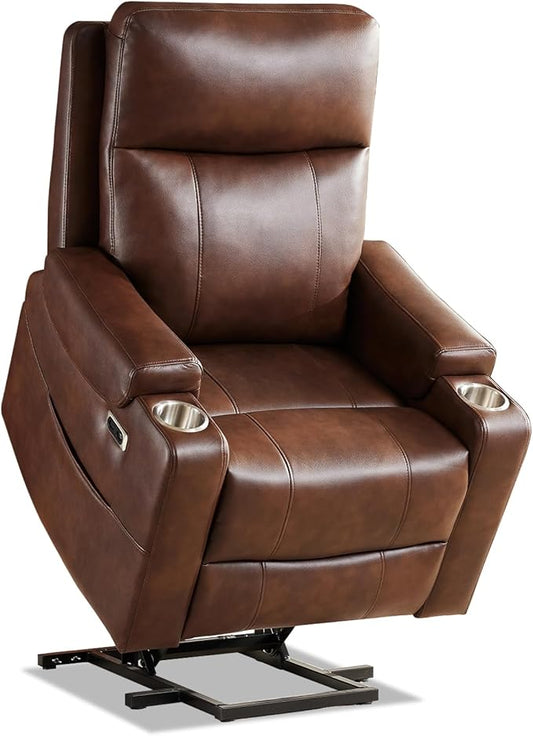 Triple Motor Power Lift Recliner Chair with Adjustable Lumbar Support, Lay Flat Recliner for Elderly, Breathable Brown Leather Recliner, Lift Chair Massage & Heating, USB Ports, Cup Holders