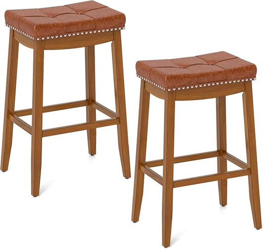 COSTWAY Saddle Bar Stools Set of 2, 29-Inch Bar Height Barstools w/PU Leather Seat, Solid Rubber Wood Frame, Footrest, Mid-Century Backless Bar Stools for Kitchen Island Home Bar