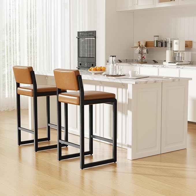 Bar Stools Set of 6, Faux Leather Counter Height Bar Stools with High Back and Metal Legs, Upholstered Bar Chairs, 26" Modern Barstools for Kitchen Island, Caramel