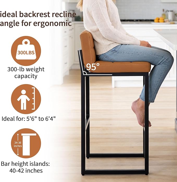 Bar Stools Set of 4, Upholstered Bar Height Barstools with Back and Thickened Metal Frame, Modern 30-inch Tall Bar Chairs for Kitchen Island, Bar, Counter (Caramel Brown, 4Pcs 30" Bar Stools)