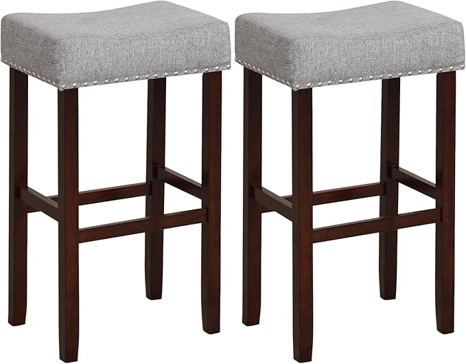 COSTWAY Counter Height Bar Stools Set of 2, 29.5-inch Backless Saddle Stools with Nailhead Trim, Rubber Wood Frame, Footrest, Max Load 330 Lbs, Upholstered Barstools for Kitchen Island Pub, Grey