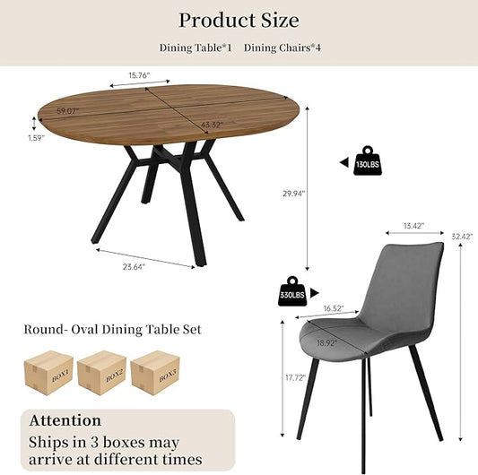 Extendable Round Dining Table Set for 4-6 People, 43.3"-59.1" Extendable Kitchen Table with 4 Upholstered Chairs, Space Saving for Kitchen Dining Room (Walnut Table+4 Grey Chairs)