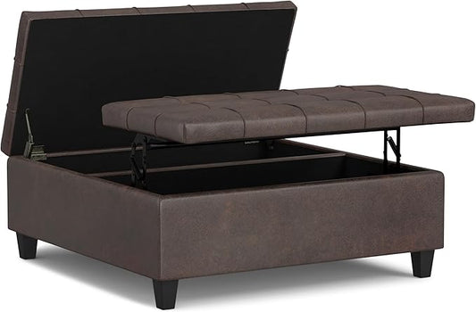 SIMPLIHOME Harrison 40 inch Wide Transitional Square Large Coffee Table Storage Ottoman in Distressed Brown Vegan Faux Leather, Assembled, for The Living Room and Bedroom