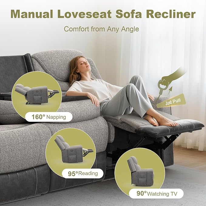 Home Theater Seating, Manual Recliner Sectional Sofa for Living Room, 5 Seater Reclining Sectional Couch with Flip-Up Backrest, Storage Console, USB Ports, Grey Linen & Chocolate Leather