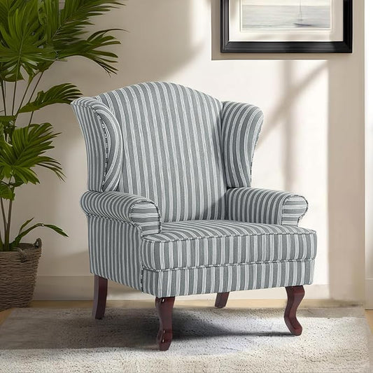 Pia Ricco Stripe High Back Floral Accent Chair, Upholstered Fabric Armchair with Solid Wood Legs - Retro Living Room Reading Chair, Comfortable Single Sofa Seat-Gray