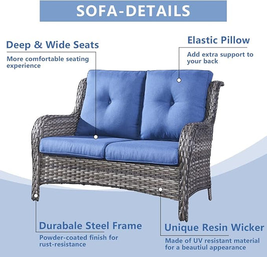 HUMMUH 6 Pieces Outdoor Patio Furniture Set Wicker Swivel Patio Chairs with Ottomans 2 Seater Outdoor Sectional Sofa/Patio Loveseat with Coffee Table