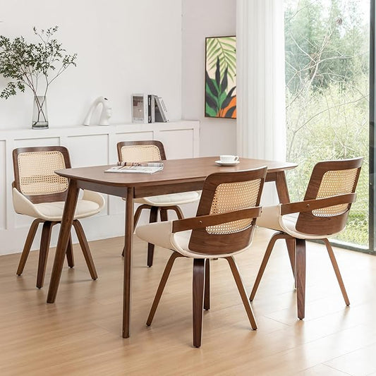 Set of 4 Swivel Rattan Dining Chairs - Walnut Dining Chairs with Bentwood Frame with Ergonomic Cane Back, Curved Arms, MCM DiningChairs for Kitchen/Conference/Restaurant/Living Room (Walnut Beige)