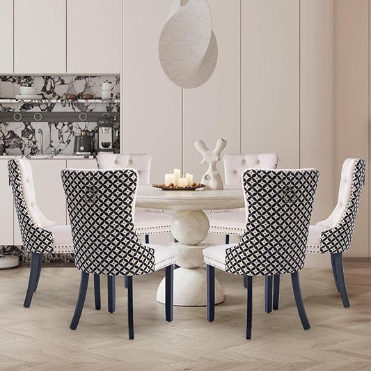 Velvet Upholstered Dining Chairs Set of 6, Modern Style Kitchen Side Chairs with Nailhead Trim and Wood Legs,Metal Pulling Ring for Dining Room Living Room(Quadrangular Star&Beige)