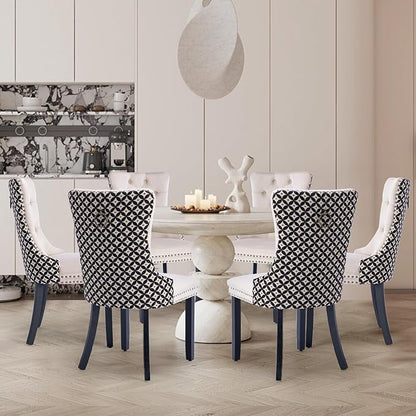 Velvet Upholstered Dining Chairs Set of 8, Modern Style Kitchen Side Chairs with Nailhead Trim and Wood Legs,Metal Pulling Ring for Dining Room Living Room(Quadrangular Star&Beige)