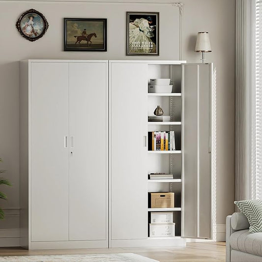 Steel SnapIt Cabinet, 71 Inch Metal Storage Cabinet with Locking Doors and 5 Adjustable Shelves, Garage Cabinet, Tool Cabinets for Office and Home Use (White)