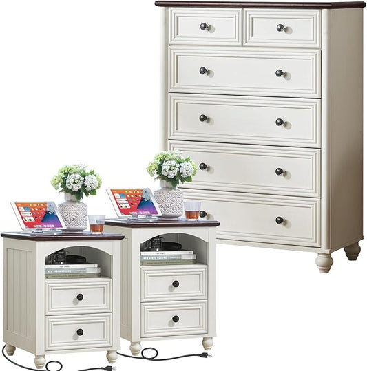Dressers and Night Stand Set of 3, Wood 43.5" Tall Dresser and 18" Wide with Charging Station Chest of Drawers, Roman Column Nightstand Set of 2, Bedroom Furniture Dresser Suites for Home Living Room