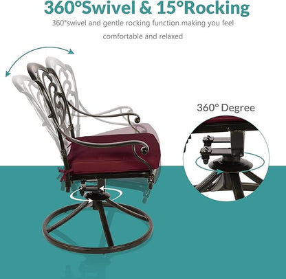 MEETWARM 9-Piece Outdoor Patio Dining Set, All-Weather Cast Aluminum Patio Conversation Set with 2 Swivel Rocker Chairs, 6 Stationary, 1 Oval Table, 8 Cushions, 2" Umbrella Hole, Chili Red