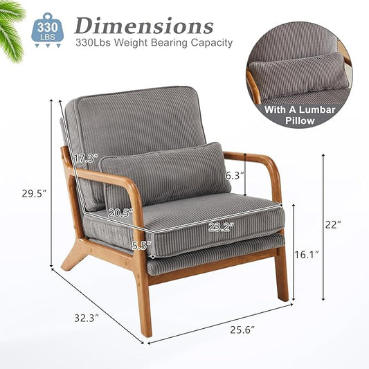 VINGLI Upgraded Premium Corduroy Accent Chairs Set of 2,Upholstered Arm Chair,Solid Wood Comfy Reading Chair with Lumbar Pillow, Mid Century Modern Chairs for Living Room,Bedroom,Light Grey