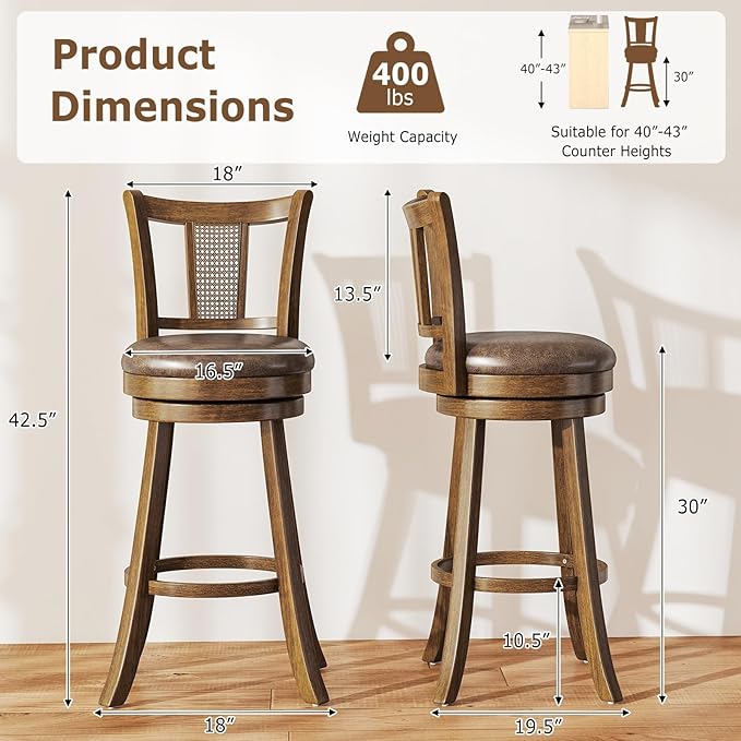 COSTWAY Barstools Set of 2, 30” Solid Rubber Wood Swivel Bar Chairs with Faux Leather Seat, Curved PE Rattan Back, for Living Room & Kitchen Island, Brown (2, 30” Seat Height)