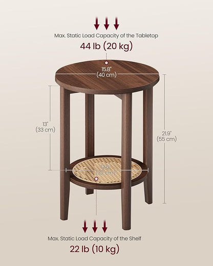 VASAGLE Round Side End Table, 2-Tier Boho Bedside Table with Rattan-Look Storage Shelf, Nightstand for Small Spaces, for Living Room, Bedroom, Home Office, Black Walnut ULET296K01