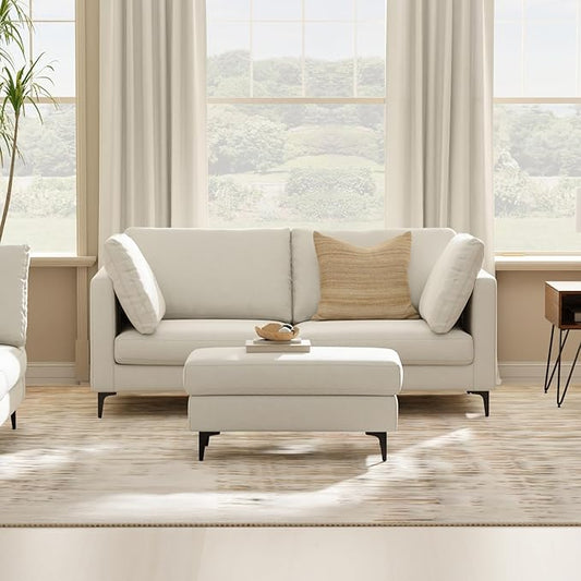 SIMPLIHOME Ava Sofa and Ottoman in 100% Recycled Polyester Performance Fabric, Cream, 76-inch-Wide 2-Seater Loveseat and Matching 36-inch-Wide Table Ottoman for Living Room, 2-Piece Set