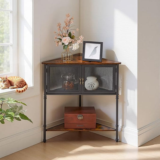 VECELO 3 Tier Corner Shelf,Corner Table with Mesh Door and Open-Shelf,Corner Cabinet Stand,Metal Frame Organizer Display Storage Shelves for Bedroom,Living Room,Kitchen,Bathroom