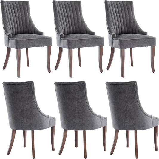 mikibama Linen Dining Chairs Set of 6 Channel Tufted Kitchen Dinner Chair Comfy Fabric Upholstered Accent Chair for Dining Room with Solid Wood Legs (Grey 6pc)